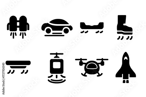 Futuristic Flight Icons. Solid, filled icon set of futuristic flight: jetpack, flying car, hoverboard, anti-gravity boots, floating platform, vertical lifter,