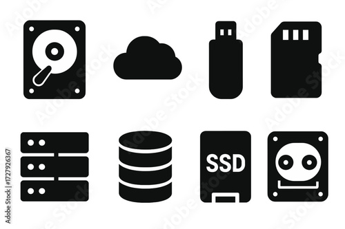 Digital Storage Icons. Solid, filled icon set of digital storage units: hard drive, cloud storage, USB flash drive, memory card, server rack, database icon,