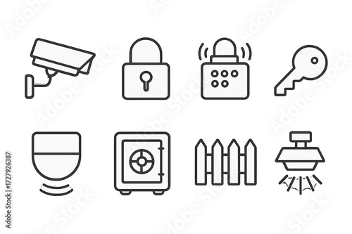 Home Security Icons. Outline icon set of home security: security camera, lock, alarm system, key, motion sensor, safe, fence, spotlight. Line icons in only
