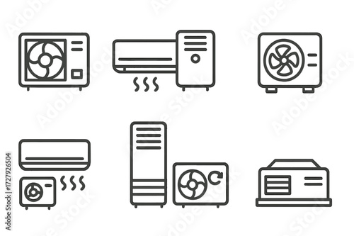 Air Conditioner Icons. Outline icon set of air conditioner types: window AC, split AC, portable AC, central AC, ductless mini split, floor AC, inverter AC,