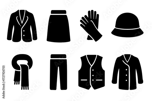 Velvet Clothing Icons. Solid, filled icon set of velvet clothing: velvet blazer, velvet skirt, velvet gloves, velvet hat, velvet scarf, velvet pants, velvet
