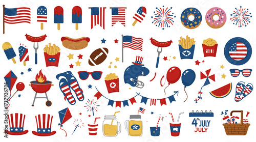 Celebrate Independence Day with vibrant 4th of July icons featuring flags, fireworks, BBQ, and festive treats for joyful gatherings