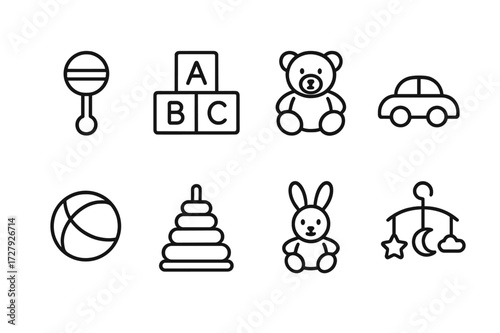 Baby Toys Icon Set. Outline icon set of baby toys: rattle, building blocks, teddy bear, toy car, ball, stacking rings, stuffed animal, mobile. Line icons in