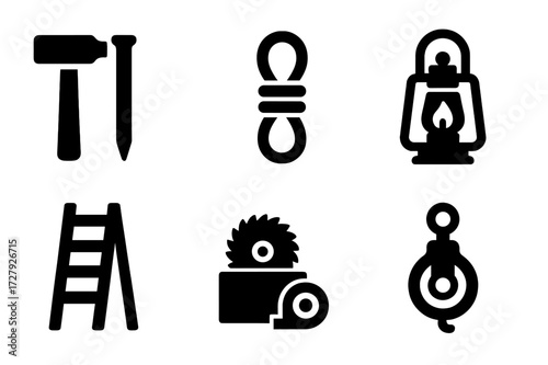 Ancient Ruins Tools Icons. Solid, filled icon set of ancient ruins tools: hammer, chisel, rope, lantern, ladder, stone cutter, measuring tape, pulley. [Solid,