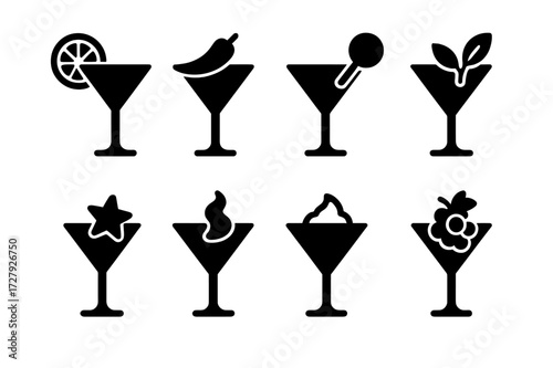 Cocktail Icon Set. Solid, filled icon set of cocktail flavors: citrus cocktail, spicy cocktail, sweet cocktail, herbal cocktail, bitter cocktail, smoky