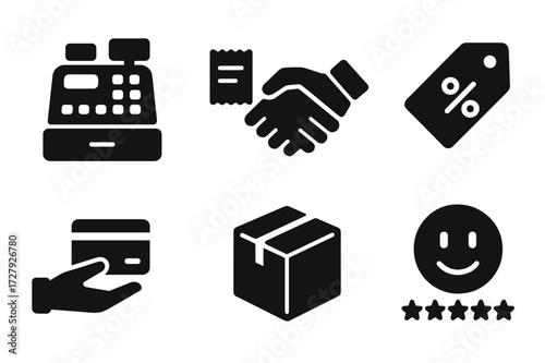 Sales Icons Grid. Solid, filled icon set of sales closing: cash register, receipt print, handshake, discount tag, credit card payment, sold sign, product box,