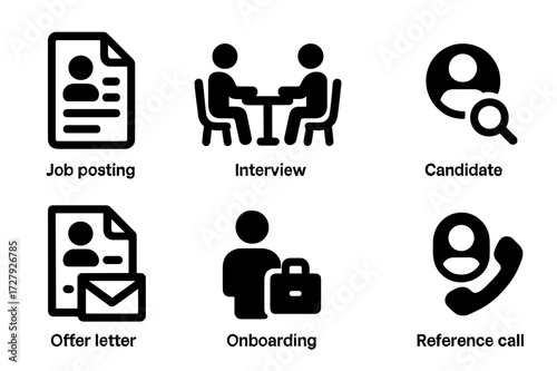 Recruitment Icons Grid. Solid, filled icon set of recruitment process: job posting, interview, CV review, candidate selection, offer letter, onboarding,