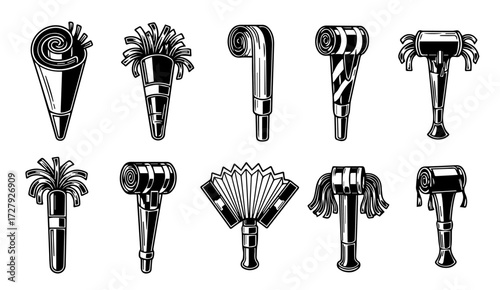 Collection of festive party blowers and noisemakers in a clean, modern graphic style, perfect for celebratory designs and announcements.