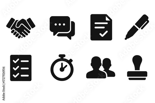 Negotiation Icon Set. Solid, filled icon set of agreement negotiation: handshake, speech bubbles, contract, pen, checklist, timer, people icons, approval
