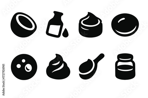 Coconut Oil Icons. Solid, filled icon set of coconut oil textures: solid, liquid, creamy, smooth, oily, whipped, thick, transparent. Solid, filled icons in