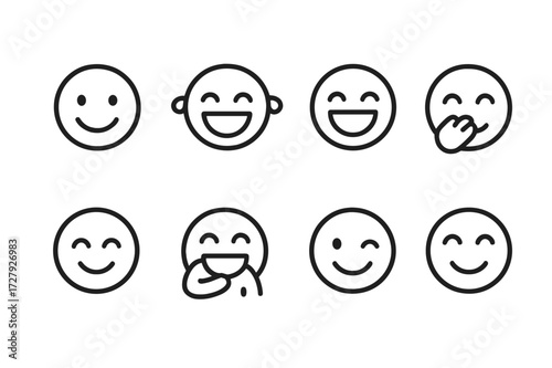 Laughter Icon Set. Outline icon set of laughter expressions: smiling face, laughing with tears, open mouth laugh, giggling face, chuckling, belly laugh,