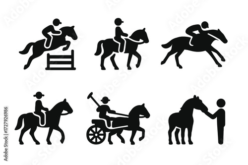 Horse Activity Icons. Solid, filled icon set of horse activities: jumping, dressage, racing, trail riding, polo, carriage driving, rodeo, grooming. Solid,