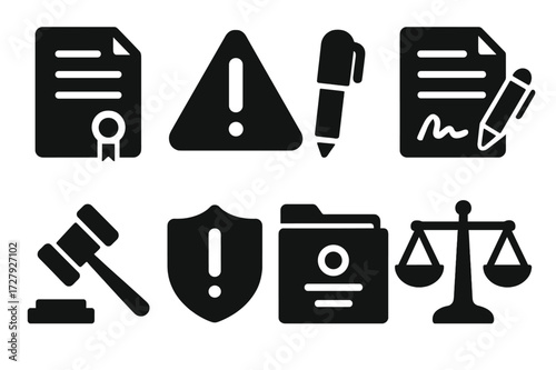 Liability Icon Set. Solid, filled icon set of liability concepts: legal document, warning triangle, insurance policy, contract, gavel, shield with exclamation,