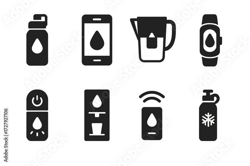 Hydration Technology Icons. Solid, filled icon set of hydration technology: smart water bottle, hydration app, water purifier, fitness tracker, UV sterilizer,