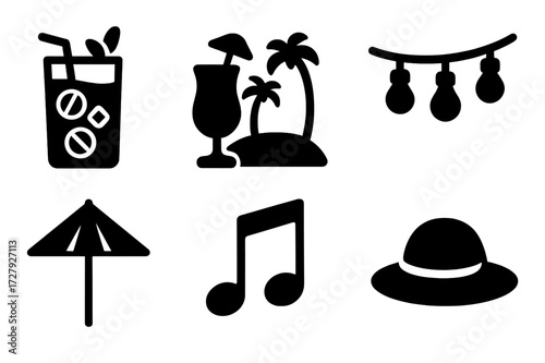 Summer Party Icons. Solid, filled icon set of mint party and culture: mojito cocktail, tropical drink, beach party, festive lights, cocktail umbrella, music