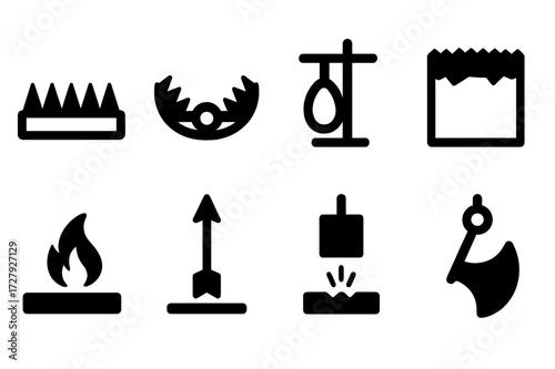 Game Trap Icons. Solid, filled icon set of traps for games: spike trap, bear trap, snare trap, pit trap, flame trap, arrow trap, falling block trap, swinging