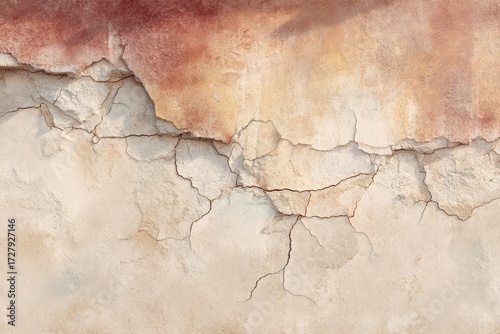 A weathered, cracked stucco wall displays a palette of muted beige and rust tones, highlighting the texture of age and decay.