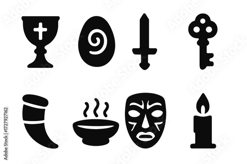 Sacred Objects Grid. Solid, filled icon set of sacred objects: chalice, sacred stone, ceremonial sword, ancient key, ritual horn, offering plate, ceremonial