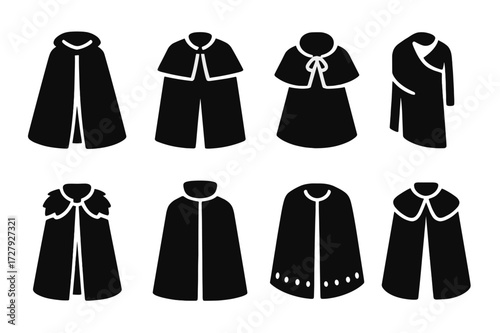 Historical Capes Icon Set. Solid, filled icon set of historical capes: medieval cape, Renaissance cape, Victorian cape, Roman toga, Viking cloak, Elizabethan