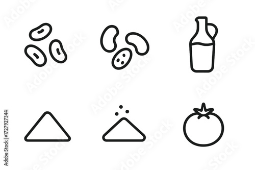 Bean Dip Ingredients Icons. Solid, filled icon set of bean dip ingredients: black beans, kidney beans, pinto beans, olive oil, cumin, chili powder, onion,