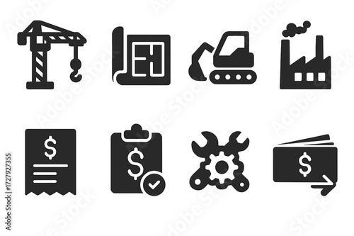 Capital Expenditure Icons. Solid, filled icon set of capital expenditure: construction crane, blueprint, machinery, factory building, payment invoice, budget