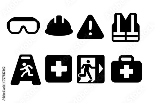Workplace Safety Icons. Solid, filled icon set of workplace warnings: safety goggles, hard hat, caution sign, safety vest, wet floor, first aid, fire exit
