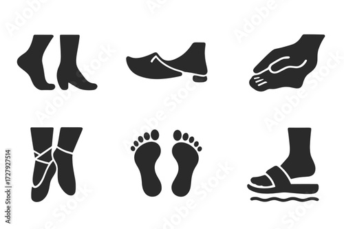Cultural Foot Icons. Solid, filled icon set of feet in culture: barefoot walking, traditional footwear, foot binding, foot massage, dance feet, symbolic