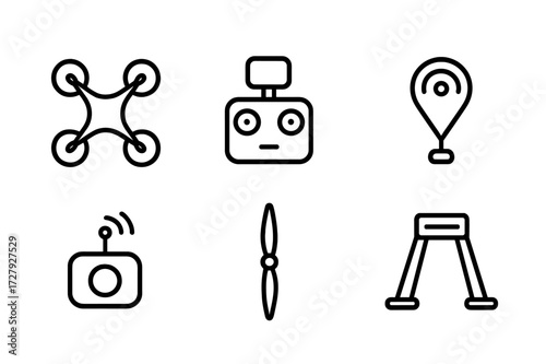 Drone Command Icons. Outline icon set of command drone: quadcopter, remote controller, camera module, GPS antenna, signal transmitter, propeller blade, battery