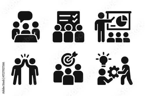 Team Activities Icons. Solid, filled icon set of team activities: group discussion, project plan, presentation, teamwork, high five, shared goal,