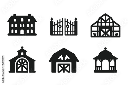 Estate Icon Set. Solid, filled icon set of estate properties: mansion, gate, garden, fountain, greenhouse, carriage house, stable, gazebo. Solid, filled icons