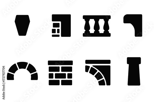 Old Bridge Icons. Solid, filled icon set of old bridge architectural details: keystone, abutment, balustrade, corbel, voussoir, string course, spandrel, pier.