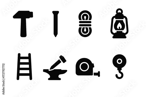 Ancient Ruins Tools Icons. Solid, filled icon set of ancient ruins tools: hammer, chisel, rope, lantern, ladder, stone cutter, measuring tape, pulley. [Solid,