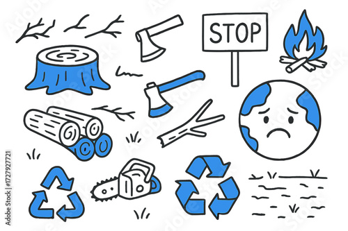 Deforestation Awareness Art. Deforestation awareness. Hand-drawn doodle illustration deforestation awareness cut tree stump (colored), logs (colored), broken