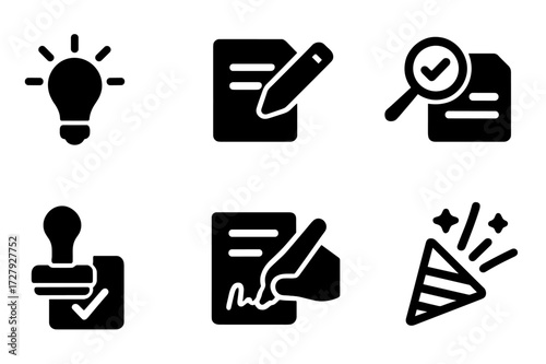 Proposal Icons Set. Solid, filled icon set of proposal stages: idea bulb, draft paper, editing pencil, review magnifier, approval stamp, contract signing,