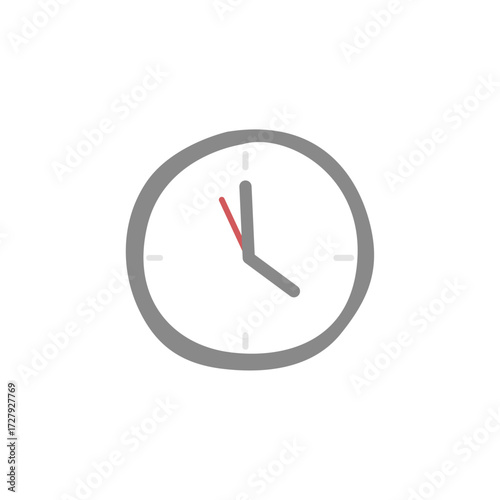 Simple Gray Clock Face Indicating Time with Red Second Hand on White Background