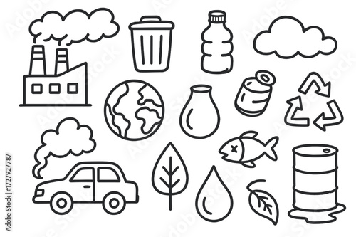 Pollution Icons Doodle. Hand-drawn doodle illustration Pollution factory, smoke, trash bin, plastic bottle, can, globe, water droplet, fish, tree, car, cloud,