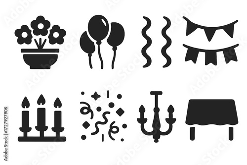 Banquet Decoration Icons. Solid, filled icon set of banquet decorations: floral centerpiece, balloons, ribbons, banners, candles, confetti, chandeliers,