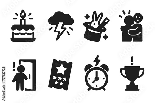 Surprise Icon Collection. Solid, filled icon set of surprise moments: birthday cake, sudden thunder, magic trick, surprise hug, unexpected visitor, lottery