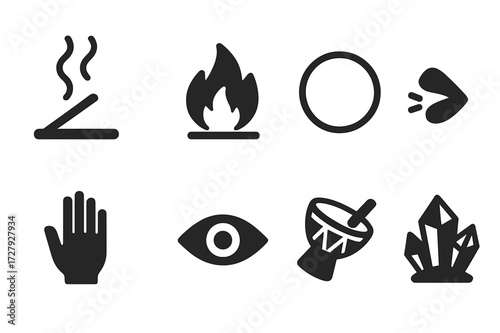 Vitality Ritual Icons. Solid, filled icon set of vitality rituals: incense smoke, ritual fire, sacred circle, chanting lips, open palm, spirit eye, drum,