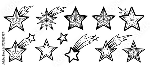 Dynamic hand drawn star collection featuring shooting stars and classic star shapes for cosmic themes and celebratory designs