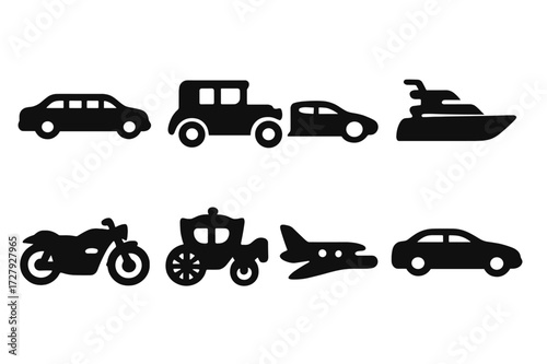 Elegant Vehicle Icons. Solid, filled icon set of elegant vehicles: limousine, vintage car, sports car, yacht, classic motorcycle, horse-drawn carriage, private