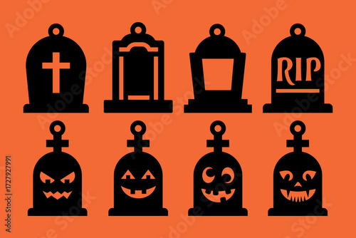Set of Halloween designs of earrings, pendant or keychain with tomb shape. Graveston jewelry cutting template. Laser cut with leather, wood or metal. Vector stencils