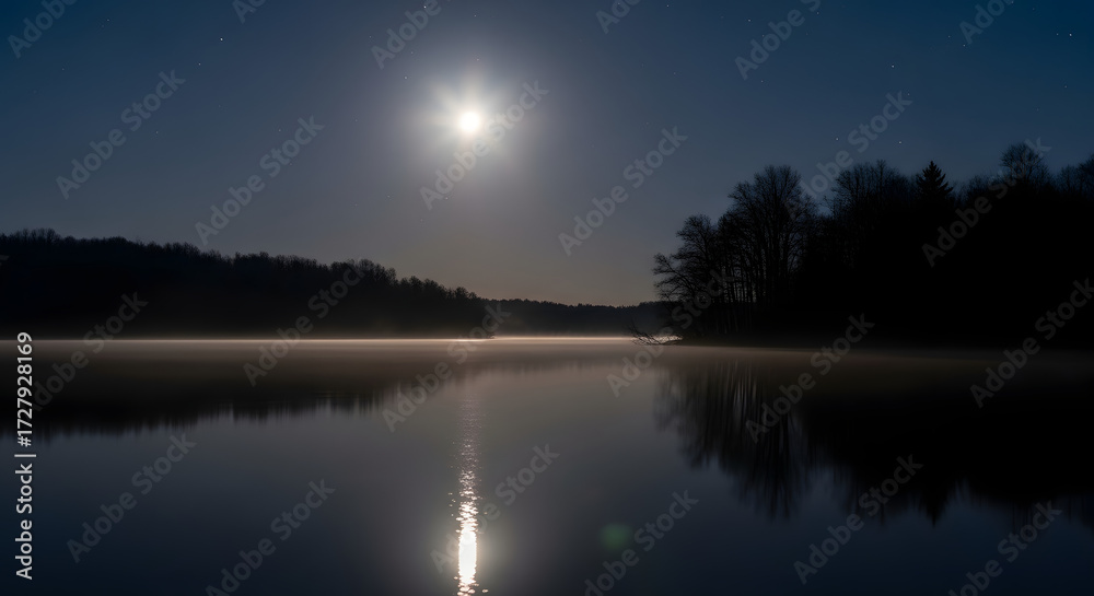 Obraz premium Moonlit lake at night with fog