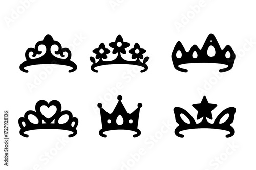 Black Tiara Icons. Solid, filled icon set of tiaras: classic tiara, floral tiara, jeweled tiara, pearl tiara, heart-shaped tiara, crown tiara, butterfly tiara,