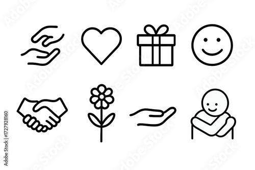 Kindness Icon Set. Outline icon set of kindness acts: helping hand, heart, gift box, smiley face, handshake, flower, open hand, hug. Line icons in only black