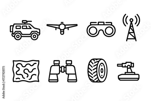 Scout Vehicle Icon Set. Outline icon set of scout vehicle: armored car, reconnaissance drone, night vision goggles, radio antenna, camouflage net, binoculars,