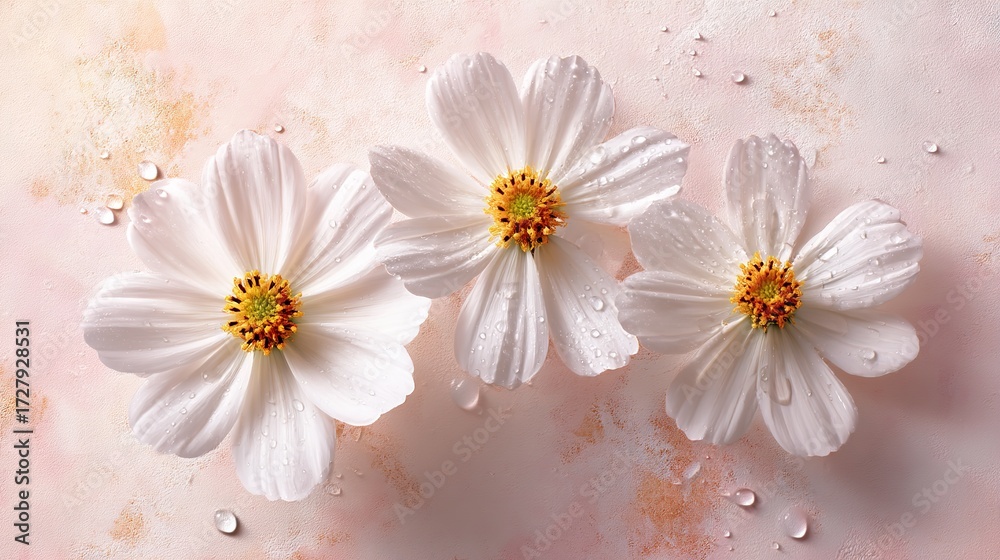 Obraz premium Close-up of fresh white cosmos flowers with yellow center and dew drops on petals over pastel pink textured background, natural floral macro for wellness, spa, or romantic cards