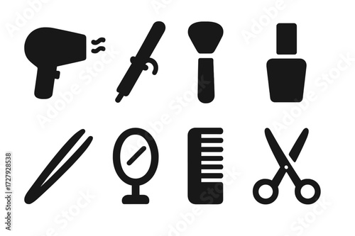 Beauty Tool Icons. Solid, filled icon set of beauty tools: hairdryer, curling iron, makeup brush, nail polish, tweezers, mirror, comb, scissors. Solid, filled