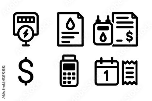 Utility Icons Grid. Solid, filled icon set of utility billing: electricity meter, water bill, gas meter, invoice, dollar sign, payment terminal, calendar date,