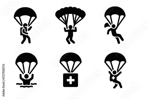 Parachute Icon Set. Solid, filled icon set of parachute applications: military jump, sport skydiving, BASE jumping, cargo drop, emergency evacuation, aerial